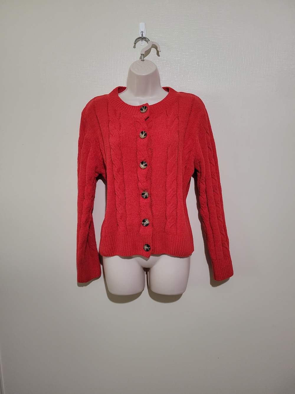 Women's Red Cable-Knit Button Cardigan Sweater